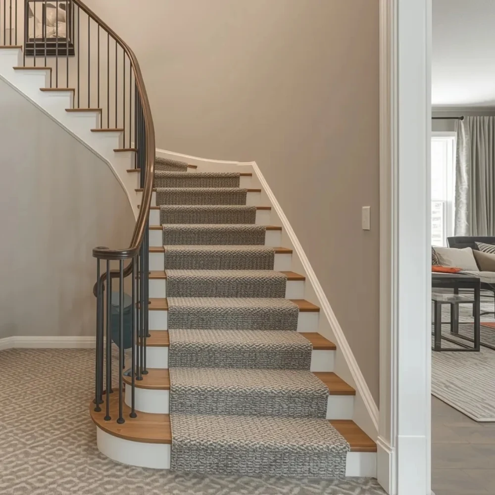 Textured carpet covering home stairs.