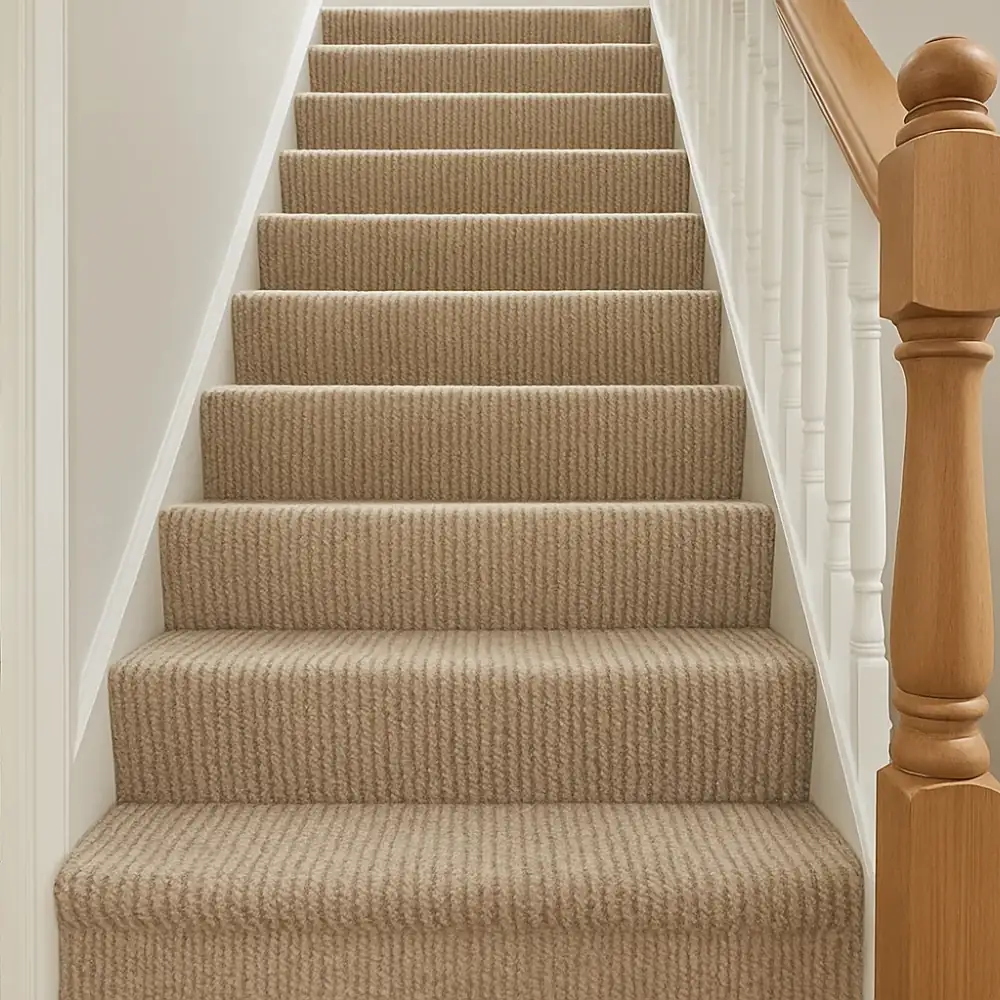 Plush polyester carpet on stairs.