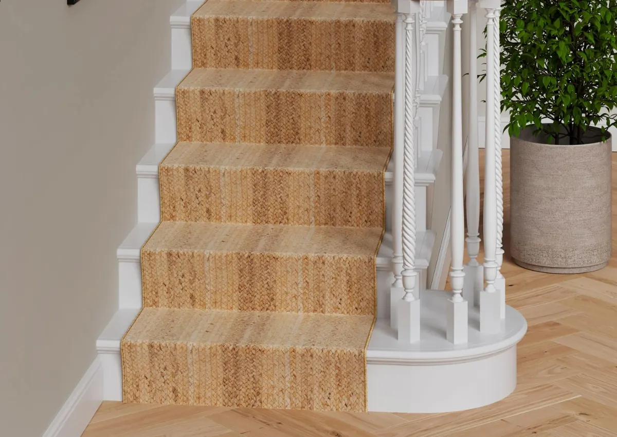 Natural woven jute stair runner.