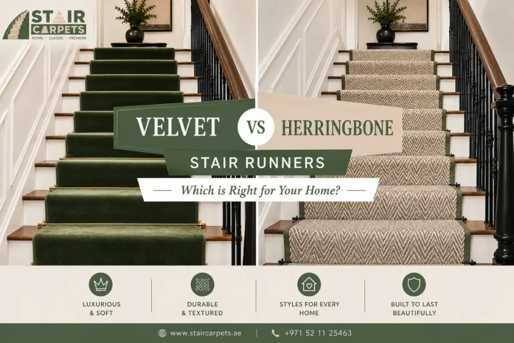 Velvet vs herringbone stair runner comparison