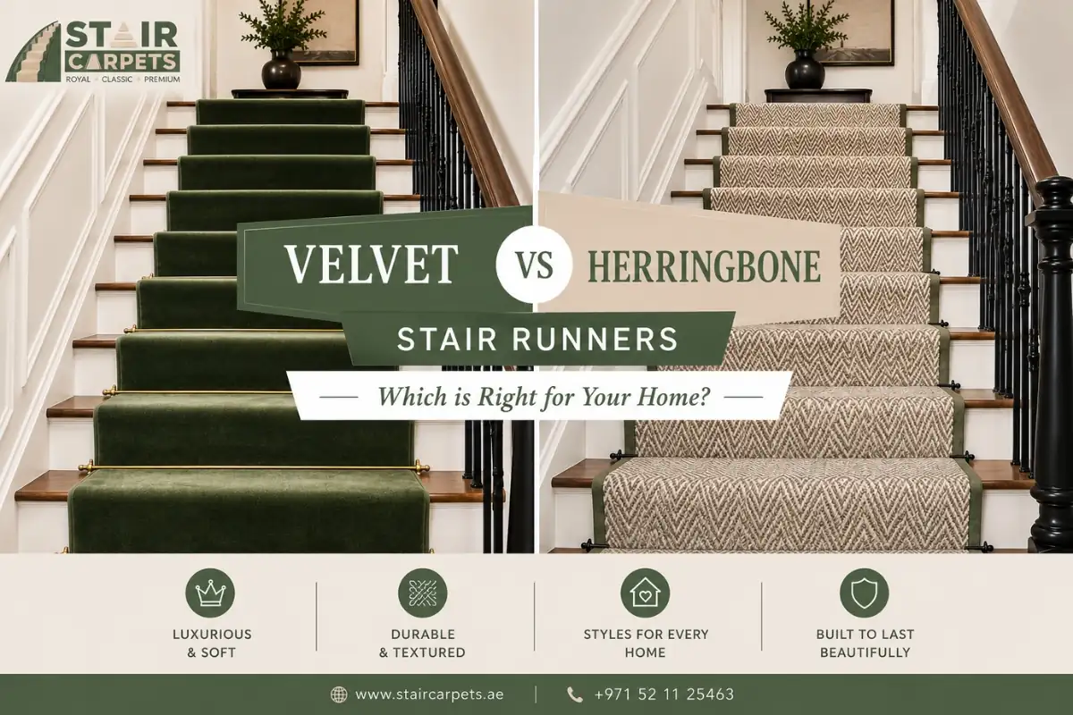 Velvet vs Herringbone Stair Runners 1 Velvet vs herringbone stair runner comparison