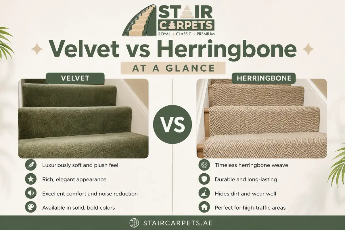 Velvet vs Herringbone Stair Runners 2 Velvet vs Herringbone at a Glance